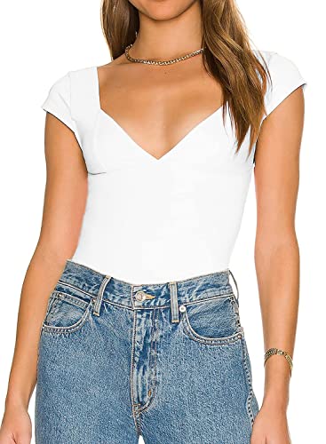 ANGGREK Damen Crop Tops Cami Sexy Rückenfrei Tiefer V-Ausschnitt Kurzarm Y2K Shirt Casual Slim Fit T-Shirt Solide Basic Sommer T-Shirts(Weiss,Small) von ANGGREK