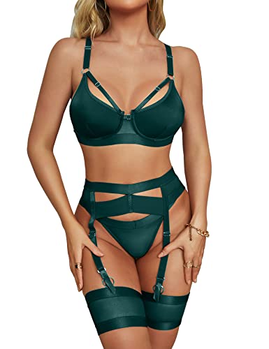 ANGGREK Damen Dessous Set Unterwäsche Frauen,5-teiliges Strumpfband,Bügel BH und Höschen Sets,Ohne Strümpfe,Grün,L von ANGGREK