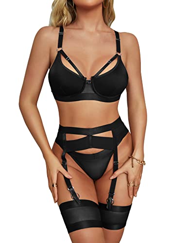 ANGGREK Damen Dessous Set Unterwäsche Frauen,5-teiliges Strumpfband,Bügel BH und Höschen Sets,Ohne Strümpfe,Schwarz,L von ANGGREK