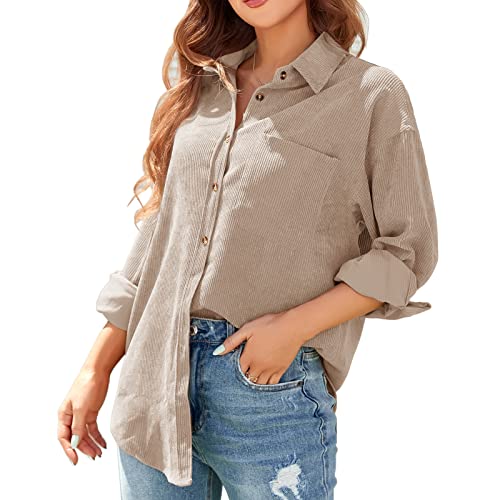 ANGGREK Damen Hemdbluse Button Down Cordhemd Langarm Cordjacke Overshirt Basic Bluse Casual Oversized Shirts mit Taschen,Khaki,XXL von ANGGREK