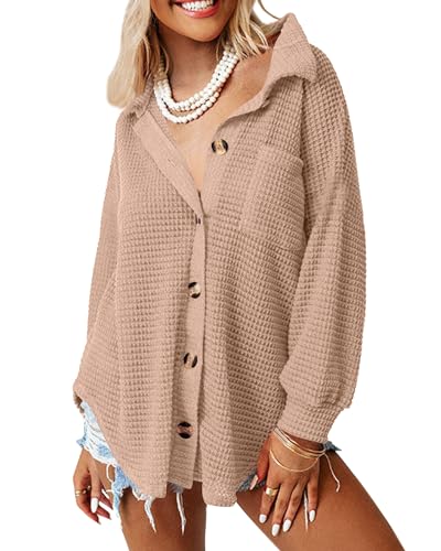 ANGGREK Damen Lässig Taste Runter Hemden Waffel Stricken Shacket Jacke Lang Ärmel Elegant Blusen Oberteile(1-Khaki,Small) von ANGGREK