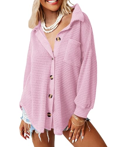 ANGGREK Damen Lässig Taste Runter Hemden Waffel Stricken Shacket Jacke Lang Ärmel Elegant Blusen Oberteile(1-Rosa,Large) von ANGGREK