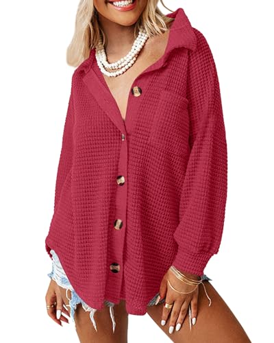 ANGGREK Damen Lässig Taste Runter Hemden Waffel Stricken Shacket Jacke Lang Ärmel Elegant Blusen Oberteile(1-Rot,X-Large) von ANGGREK