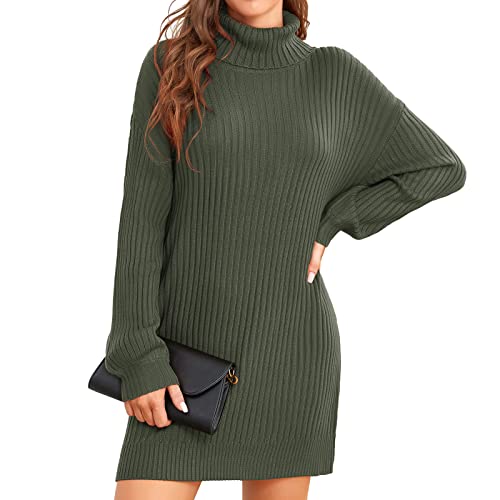 ANGGREK Damen Langarm Strickpullover Strickkleid Weich Rollkragen Pullover Kleid Grobstrick Winter Bodycon Kleid mit Rollkragen,Grün,XL von ANGGREK