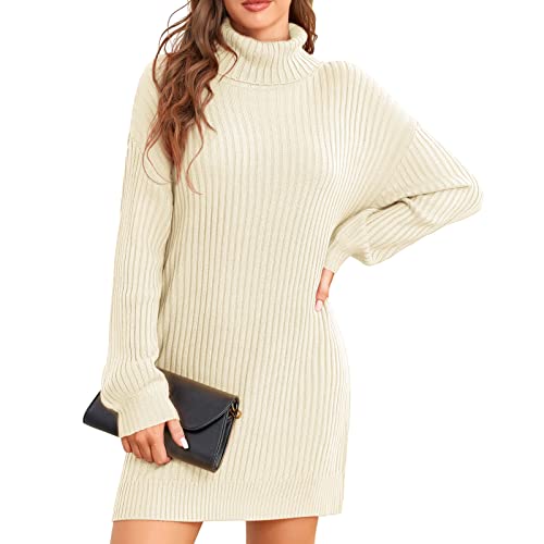 ANGGREK Damen Pullikleid Langarm Rollkragen Strick Pullover Weich Dehnbar Sweater Casual Minikleid Winterkleid Übergröße，Aprikose，XXL von ANGGREK