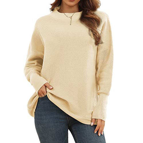 ANGGREK Damen Pullover Lang Strickpulli Rundhalsausschnitt Hohe Elastizität Langarm Strickpullover Winter Pulli,Beige,L von ANGGREK