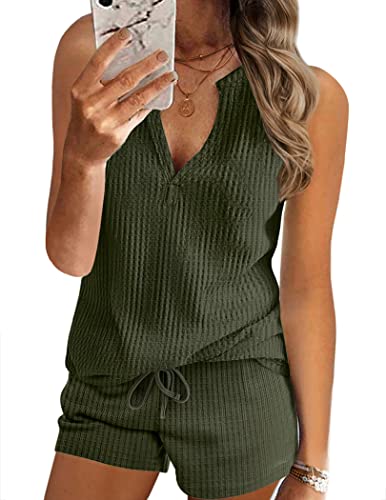 ANGGREK Damen-Pyjama-Sets, ärmellose Oberteile und Shorts mit Taschen, 2-teilige Pyjama-Sets für Loungewear-Nachtwäsche, Armeegrün, Small von ANGGREK