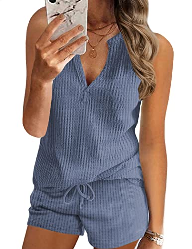 ANGGREK Damen-Pyjama-Sets, ärmellose Oberteile und Shorts mit Taschen, 2-teilige Pyjama-Sets für Loungewear-Nachtwäsche, Blau, Small von ANGGREK