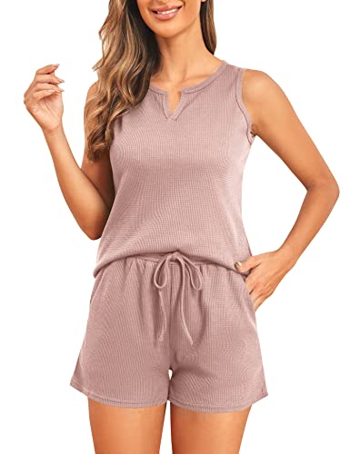 ANGGREK Damen-Pyjama-Sets, ärmellose Oberteile und Shorts mit Taschen, 2-teilige Pyjama-Sets für Loungewear-Nachtwäsche, Rosa, Medium von ANGGREK