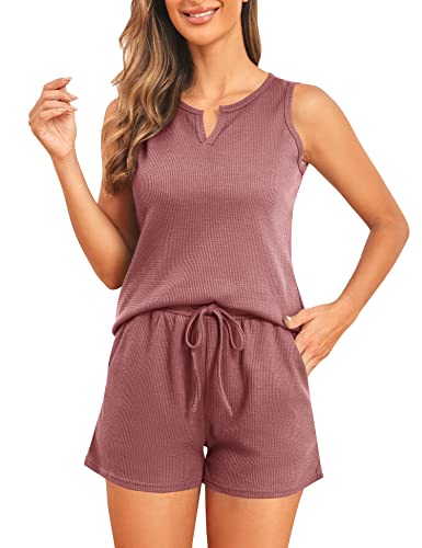 ANGGREK Damen-Pyjama-Sets, ärmellose Oberteile und Shorts mit Taschen, 2-teilige Pyjama-Sets für Loungewear-Nachtwäsche, Rot, Small von ANGGREK