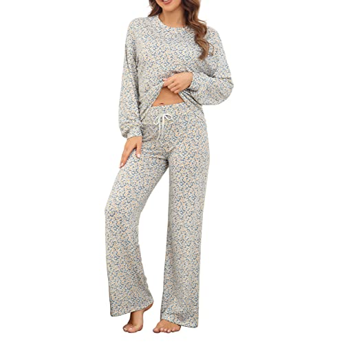 ANGGREK Damen Pyjama Sets Lang Nachtwäsche Damen Pjs Set Lang Pyjama Damen Schlafanzug Frauen,Muster 1,XL von ANGGREK