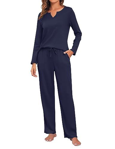 ANGGREK Damen Pyjama Sets Langärm Oberteile und Hosen mit Taschen 2-teilige PJ-Sets für Loungewear Nachtwäsche von ANGGREK