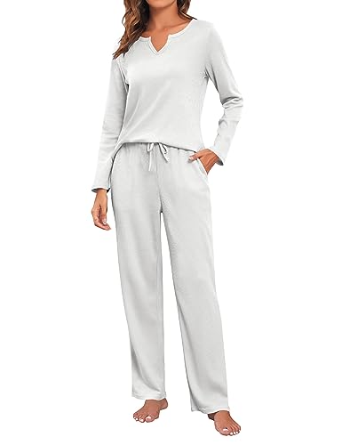 ANGGREK Damen Pyjama Sets Langärm Oberteile und Hosen mit Taschen 2-teilige PJ-Sets für Loungewear Nachtwäsche von ANGGREK