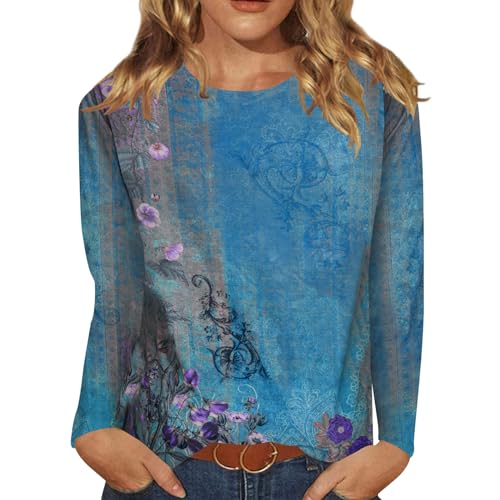 ANGGREK Damen Rundhalsausschnitt Lässig Shirt Lang Ärmel Blumen Gedruckt Bluse Zur Seite Fahren Tunika Oberteile(2-Blau Blumen,XX-Large) von ANGGREK