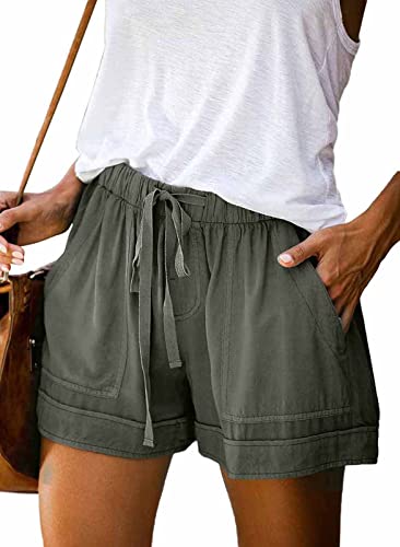 ANGGREK Damen-Shorts mit elastischem Bund und Kordelzug, Sommer-Strand-Shorts, Bequeme Kurze Hose mit Rüschensaum und Taschen(1-Armee Grün,Medium) von ANGGREK