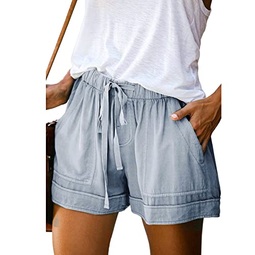 ANGGREK Damen-Shorts mit elastischem Bund und Kordelzug, Sommer-Strand-Shorts, Bequeme Kurze Hose mit Rüschensaum und Taschen(1-Hellblau,X-Large) von ANGGREK