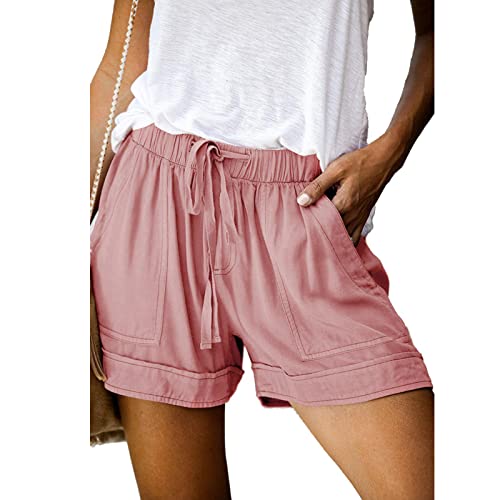 ANGGREK Damen-Shorts mit elastischem Bund und Kordelzug, Sommer-Strand-Shorts, Bequeme Kurze Hose mit Rüschensaum und Taschen(1-Rosa,Small) von ANGGREK