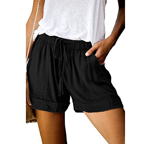 ANGGREK Damen-Shorts mit elastischem Bund und Kordelzug, Sommer-Strand-Shorts, Bequeme Kurze Hose mit Rüschensaum und Taschen(1-Schwarz,Small) von ANGGREK