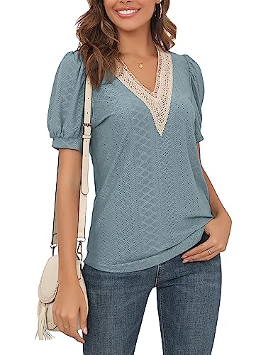 Puffärmel-Tops für Damen Sommer 2024 trendig elegant lässig elegant Spitze V-Ausschnitt T-Shirts Boho-Ösenbluse von ANGGREK