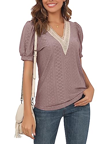 Puff Sleeve T-Shirt Frauen Entspannt V-Ausschnitt Spitze Höhlte Heraus Lose Sommer Tops 2024 Casual Trendy Öse Shirts von ANGGREK