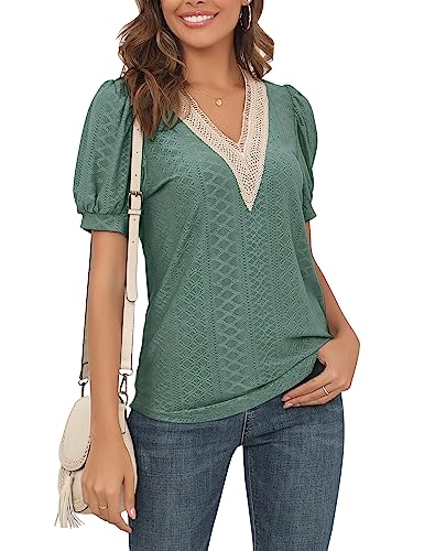 ANGGREK Ellenbogen-Ärmel-Shirts für Damen sexy süße Spitze V-Ausschnitt Ösen-Tops Elegante Freizeit-Arbeitsbluse Trendige Mode 2024 von ANGGREK