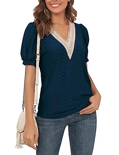 Damen Guipure-Spitze V-Ausschnitt Puffärmel Ellenbogen-Tops Boho Öse aushöhlen T-Shirts Trendy 2024 T-Shirts von ANGGREK