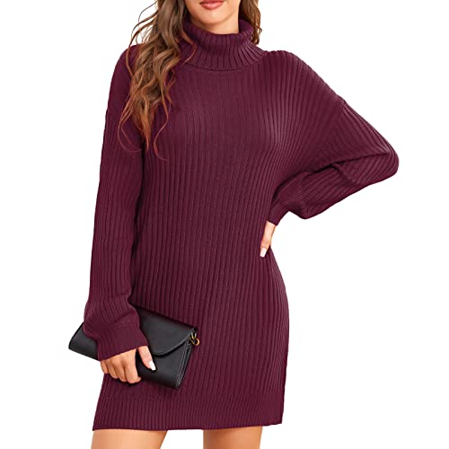 ANGGREK Damen Strickpullover Kleid Langarm Rollkragenpullover Oversize Weich Rippstrick Pulli Kleid Casual Sweater für Winter，Weinrot，XL von ANGGREK