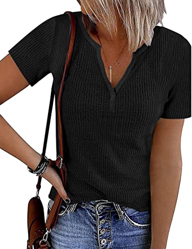 ANGGREK Damen Tief V-Ausschnitt Kurzarm Oberteile T Shirt Sommer Gerippt Stricken Tunika Lässig Solide Farbe Henley Shirt Lose Passform Low Cut Tops von ANGGREK