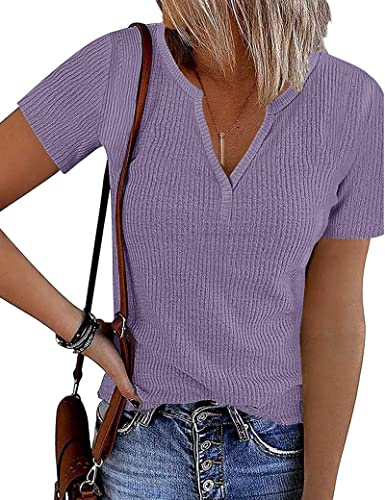 ANGGREK Damen Tief V-Ausschnitt Kurzarm Oberteile T Shirt Sommer Gerippt Stricken Tunika Lässig Solide Farbe Henley Shirt Lose Passform Low Cut Tops von ANGGREK