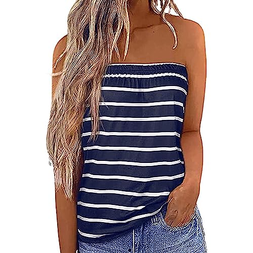 ANGGREK Damen Tube-Tops trägerlos gestreift Tank-Tops sexy ärmelloses Hemd lässig Bandeau Sommer Urlaub Urlaub Playa, Marineblau, L von ANGGREK