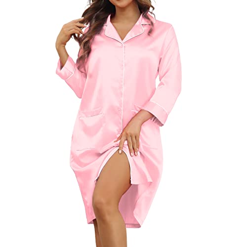 ANGGREK Frauen Satin Nachthemd V-Ausschnitt Schlafhemd Button-Down Nachthemden Kurze Nachtwäsche mit 3/4 Ärmel und Taschen,Rosa,L von ANGGREK