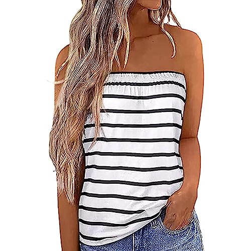 ANGGREK Gestreiftes Röhrenoberteil für Damen sexy trägerloses Tanktop lockeres Bandeau-ärmelloses rückenfreies Hemdbluse Sommerurlaub, Weiß, S von ANGGREK