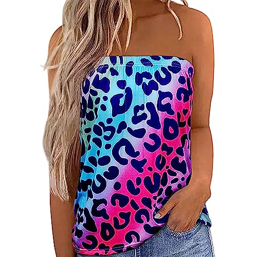 ANGGREK Gestreiftes trägerloses Tanktop für Damen ärmellose Sommeroberteile lässiges rückenfreies Urlaubshemd lockeres langes Röhrenoberteil, Leopard, 2XL von ANGGREK