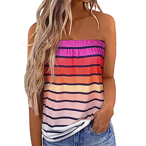 ANGGREK Gestreiftes trägerloses Tanktop für Damen ärmellose Sommeroberteile lässiges rückenfreies Urlaubshemd lockeres langes Röhrenoberteil, Rosa, S von ANGGREK