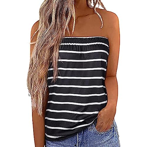 ANGGREK Gestreiftes trägerloses Tanktop für Damen ärmellose Sommeroberteile lässiges rückenfreies Urlaubshemd lockeres langes Röhrenoberteil, Schwarz, M von ANGGREK