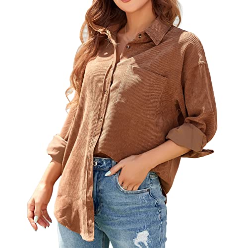 ANGGREK Hemdbluse Damen Button Down Cord Hemd Langarm V-Ausschnitt Cordjacke Hemdjacke Oversized Bluse Shirt Casual Oberteile mit Taschen,Braun,S von ANGGREK