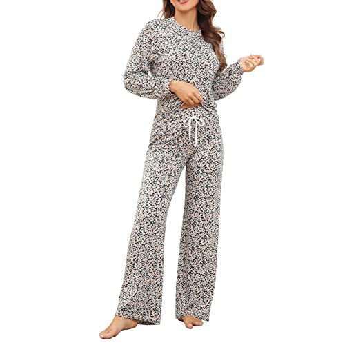 ANGGREK Schlafanzug Damen Lang Pyjama Damen Pijamas Woman Set Schlafanzüge für Damen Pyjama Zweiteiliger Weich Hausanzug Damen Kuschelig Damen Schlafanzug lang mit Tasche,Muster 2,L von ANGGREK