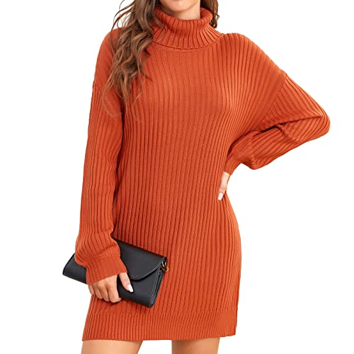 ANGGREK Rollkragen Kleid Damen Pullikleid Langarm Rollkragen Strickpullover Weich Dehnbar Casual Minikleid Winterkleid Übergröße,Orange,XL von ANGGREK