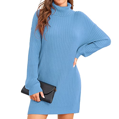 ANGGREK Rollkragenpullover für Damen Strickkleid Winter Kleid Dehnbar Rippstrick Weich Freizeitkleid Elegant Wickelkleid,Blau,S von ANGGREK