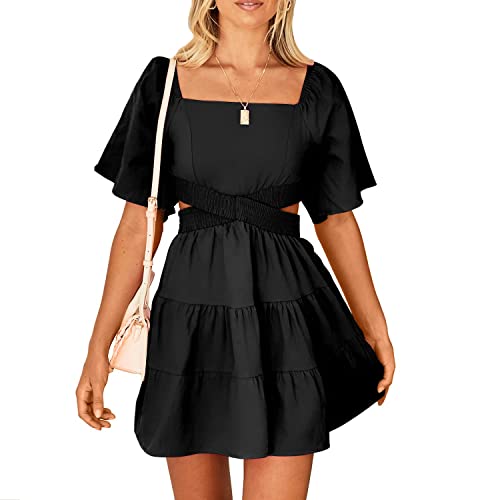 Frauen 2023 Sommer Kleider Square Neck Kurzarm Ausschnitt Hohl-Out Crossover Taille Casual Tiered A-Line Mini Kleid von ANGGREK