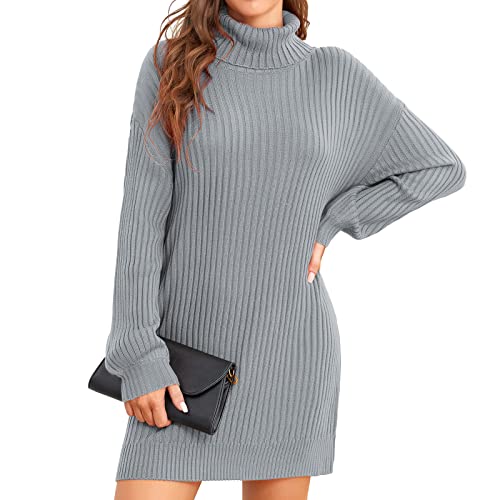 ANGGREK Strickkleid Damen Pullover Lang Rollkragen Sweater Dehnbar Wickelkleid Warm Rippstrick Langarmkleid Elegant Winter Kleider,Grau,XS von ANGGREK