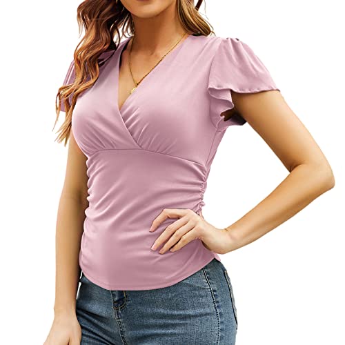 ANGGREK Damen Cross-Front Tiefer V-Ausschnitt Low Cut T-Shirt Geraffte Cross Wrap Kurze Rüschenärmel Taucher Sexy Bluse Solid Slim Fit Surplice Wrap Tunika von ANGGREK