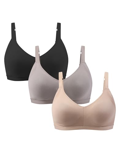 ANGOOL Damen BH Ohne Bügel Mittlerer Halt Sport BH Rückenverschluss Verstellbar Träger Klassische Schlaf Bra Gepolstert V-Ausschnitt Seamless, Schwarz+Grau+Beige, XL von ANGOOL