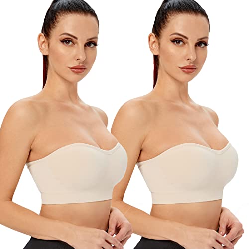 ANGOOL Damen Bandeau Trägerloser BH ohne Bügel Gepolsterter Bralette BH Nahtlose Tube Top BH mit Transparenten Trägern, Beige+Beige, L von ANGOOL