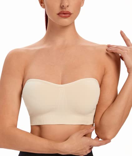 ANGOOL Damen Bandeau Trägerloser BH ohne Bügel Gepolsterter Bralette BH Nahtlose Tube Top BH mit Transparenten Trägern, Beige, M von ANGOOL