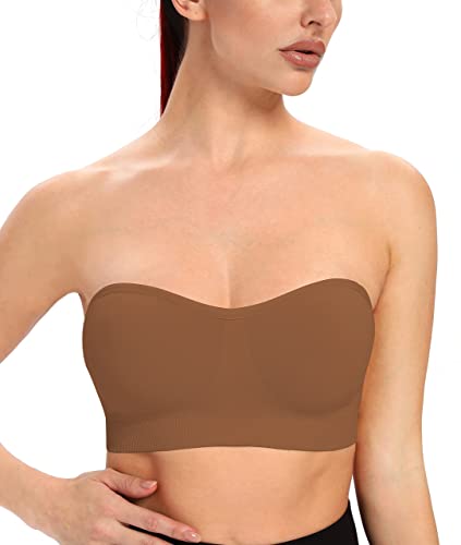 ANGOOL Damen Bandeau Trägerloser BH ohne Bügel Gepolsterter Bralette BH Nahtlose Tube Top BH mit Transparenten Trägern, Braun, M von ANGOOL