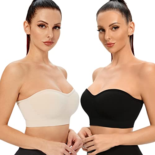 ANGOOL Damen Bandeau Trägerloser BH ohne Bügel Gepolsterter Bralette BH Nahtlose Tube Top BH mit Transparenten Trägern, Schwarz+Beige, 2XL von ANGOOL