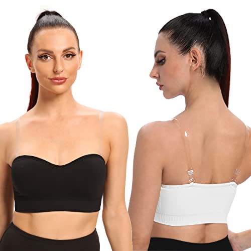 ANGOOL Damen Bandeau Trägerloser BH ohne Bügel Gepolsterter Bralette BH Nahtlose Tube Top BH mit Transparenten Trägern, Schwarz+Weiß, L von ANGOOL