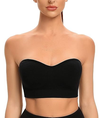 ANGOOL Damen Bandeau Trägerloser BH ohne Bügel Gepolsterter Bralette BH Nahtlose Tube Top BH mit Transparenten Trägern, Schwarz, L von ANGOOL