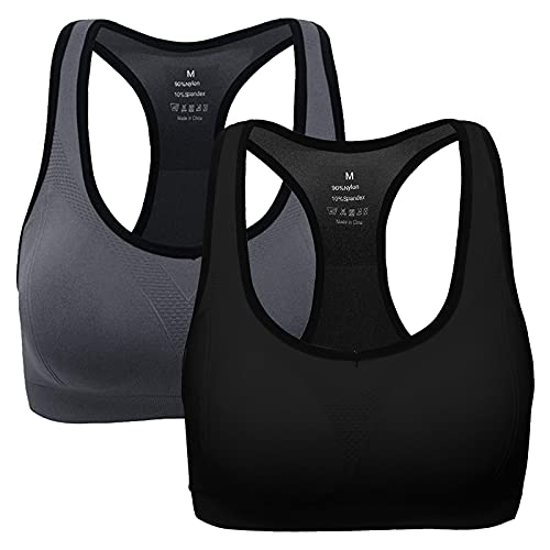 ANGOOL Damen Komfort Klassische Racerback Sport BH Top Fuer Yoga Fitness-Training, L Fit 80D 80DD 80E 85D 90BC 90D, Schwarz+grau von ANGOOL